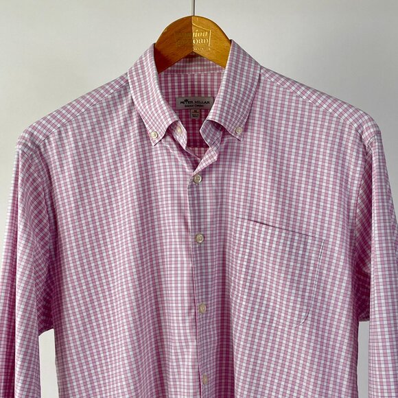 Peter Millar Fine Cotton Gingham Check Button Down Shirt, Pink White, Size M - Picture 2 of 7